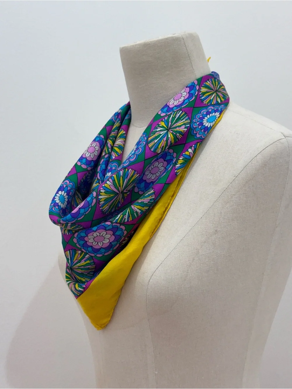 Schiaparelli Bright Yellow Purple Mod Silk Scarf 23” x 23” retro vintage